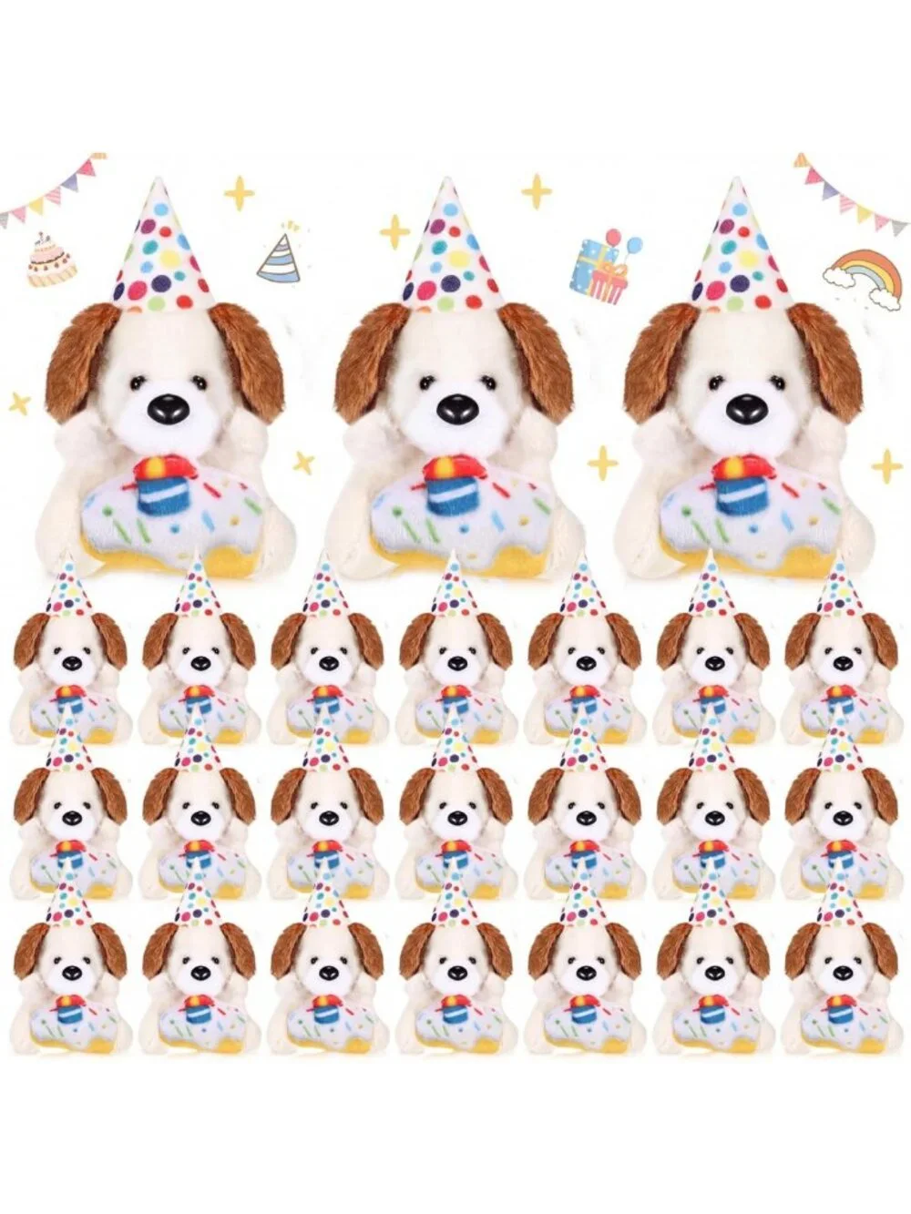 24 Pcs Birthday Dog Stuffed Animals with Hats - Cute Party Gifts & Decor